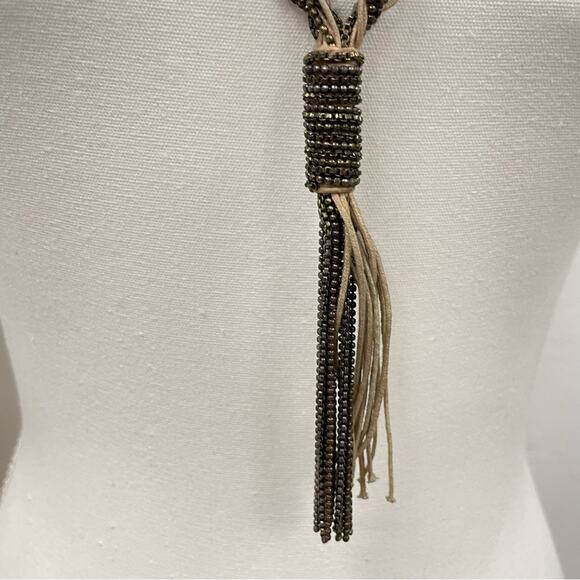 Braided Sliver Tone & Leather Long Necklace With Twist Boho - Picture 2 of 6